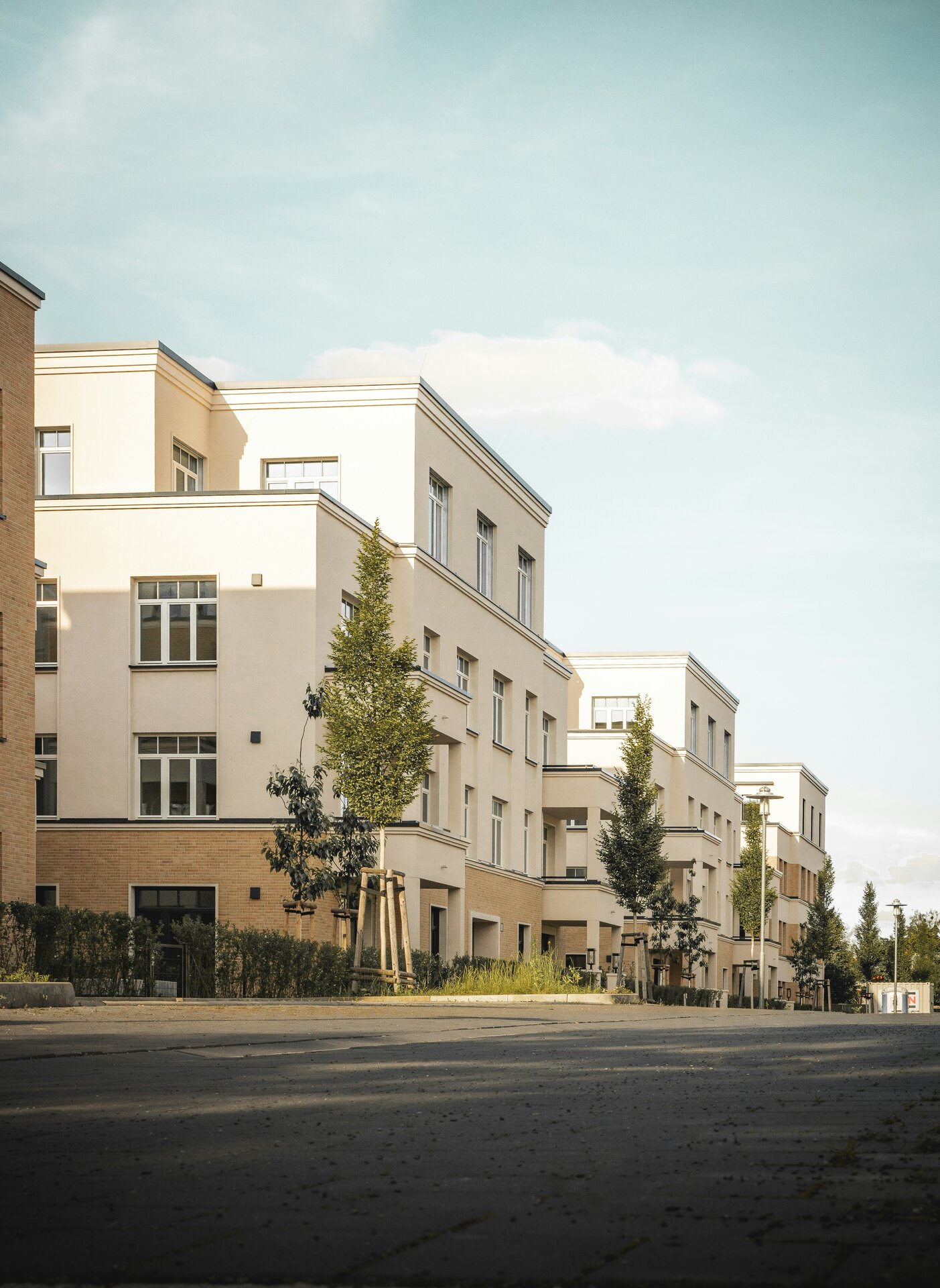 Modern apartment buildings with landscaping